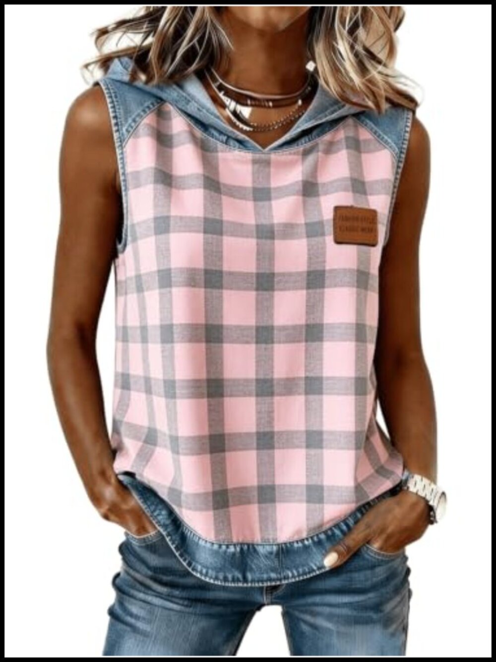 Womens Sleeveless Hoodie Tank Top Patchwork Denim Contrast Casual Vacation